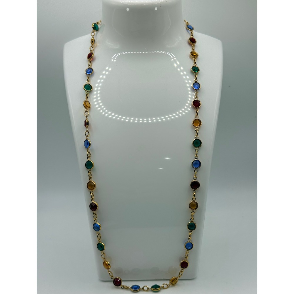 Gold Tone Multi Color Necklace Open Bezel 20 Inch